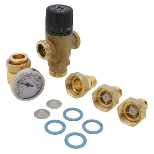 Main product image of 1/2" Male NPT MIXCAL 3-Way Adjustable Thermostatic Mixing Valve w/ Temp Gauge & Inlet Check Valves