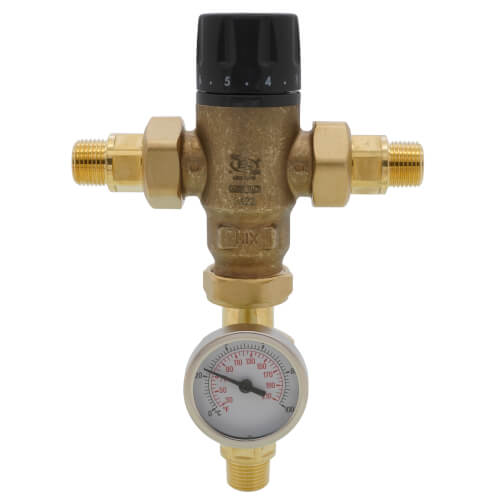 Main product image of 1/2" Male NPT MIXCAL 3-Way Adjustable Thermostatic Mixing Valve w/ Temp Gauge & Inlet Check Valves