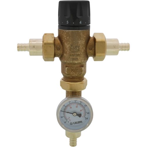 Main product image of 1/2" PEX Crimp MIXCAL 3-Way Adjustable Thermostatic and Pressure Balanced Mixing Valve w/ Check Valve & Gauge