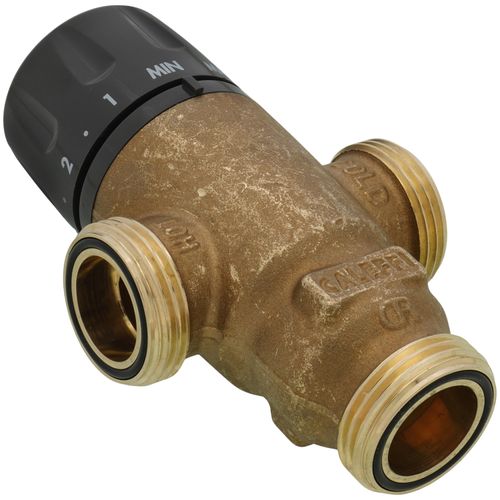 Main product image of 1/2" PEX Crimp MIXCAL 3-Way Adjustable Thermostatic and Pressure Balanced Mixing Valve w/ Check Valve & Gauge
