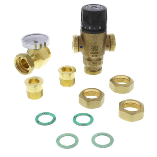 Main product image of 3/4" Male NPT MIXCAL 3-Way Adjustable Thermostatic Mixing Valve w/ Temp Gauge