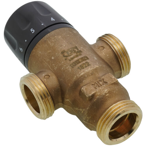 Main product image of 3/4" Male NPT MIXCAL 3-Way Adjustable Thermostatic Mixing Valve w/ Temp Gauge & Inlet Check Valves