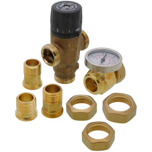 Main product image of 3/4" Male NPT MIXCAL 3-Way Adjustable Thermostatic Mixing Valve w/ Temp Gauge & Inlet Check Valves