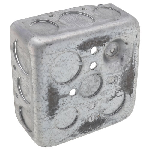 Main product image of 4" x 1-1/2" Deep Square Box w/ 1/2" & 3/4" Knockouts, Pre-Galvanized Steel w/ Grounding Bump