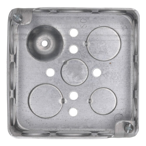 Main product image of 4" x 1-1/2" Deep Square Box w/ 1/2" & 3/4" Knockouts, Pre-Galvanized Steel w/ Grounding Bump