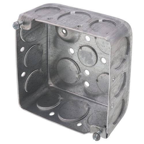 Main product image of 4" x 1-1/2" Deep Square Box w/ 1/2" & 3/4" Knockouts, Pre-Galvanized Steel w/ Grounding Bump