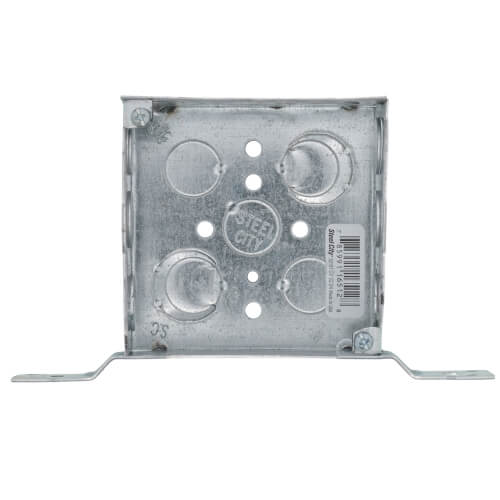 Main product image of 4" x 1-1/2" Deep Steel Square Box w/ 1/2" & 3/4" Eccentric Knockouts & CV Bracket