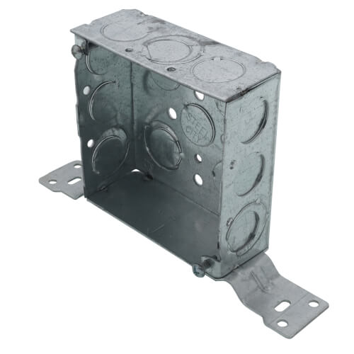 Main product image of 4" x 1-1/2" Deep Steel Square Box w/ 1/2" & 3/4" Eccentric Knockouts & CV Bracket