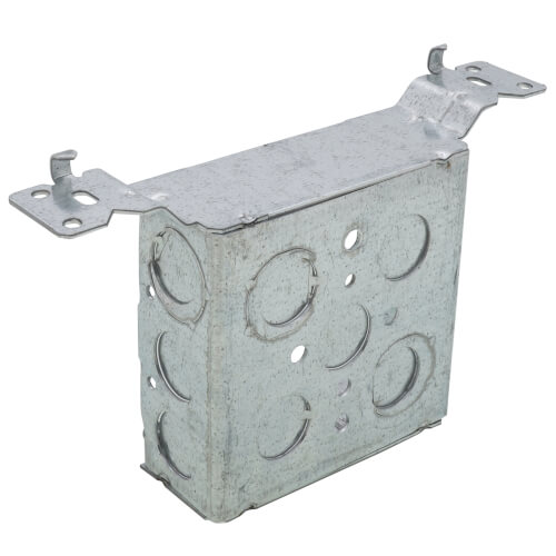 Main product image of 4" x 1-1/2" Deep Steel Square Box w/ 1/2" & 3/4" Eccentric Knockouts & SV Bracket