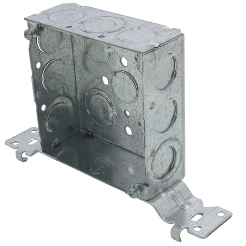 Main product image of 4" x 1-1/2" Deep Steel Square Box w/ 1/2" & 3/4" Eccentric Knockouts & SV Bracket