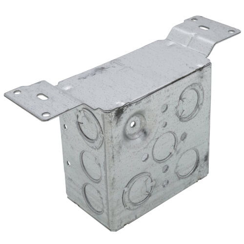 Main product image of 4" x 2-1/8" Deep Steel Square Box w/ 1/2" & 3/4" Eccentric Knockouts & CV Bracket