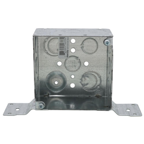 Main product image of 4" x 2-1/8" Deep Steel Square Box w/ 1/2" & 3/4" Eccentric Knockouts & CV Bracket