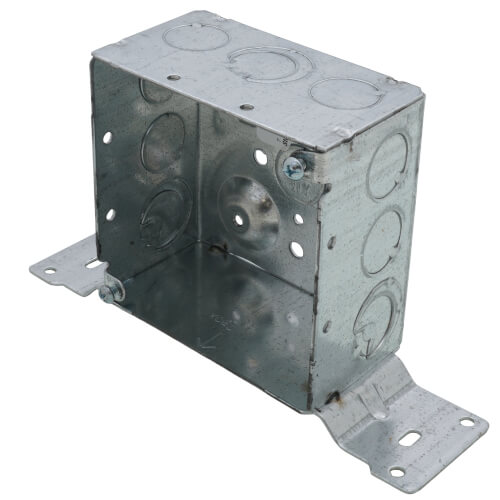 Main product image of 4" x 2-1/8" Deep Steel Square Box w/ 1/2" & 3/4" Eccentric Knockouts & CV Bracket