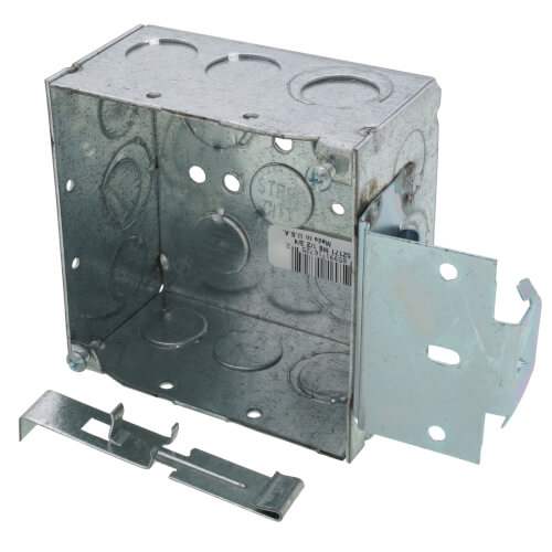 Main product image of 4" x 2-1/8" Deep Steel Square Box w/ 1/2" & 3/4" Eccentric Knockouts & MS Bracket