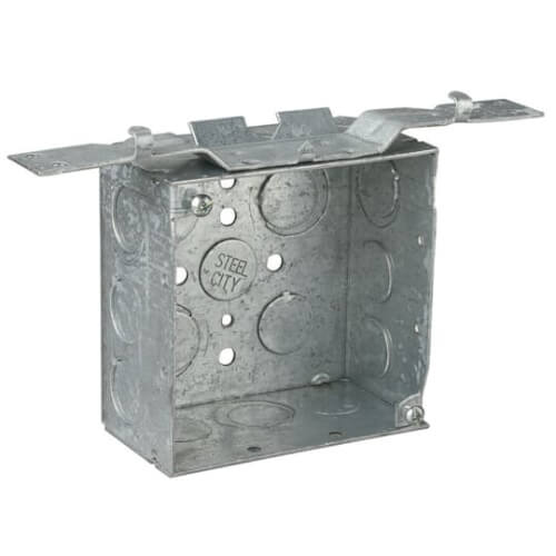 Main product image of 4" x 2-1/8" Deep Steel Square Box w/ 1/2" & 3/4" Eccentric Knockouts & SV Bracket