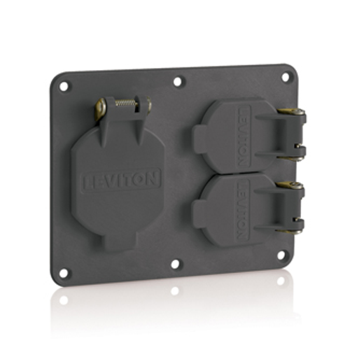 Main product image of Two-Gang Coverplate, 1- 1.56" Diameter w/ Weather-resistant Flip-lid, 1- Duplex w/ Weather-resistant Flid-lid (Black)
