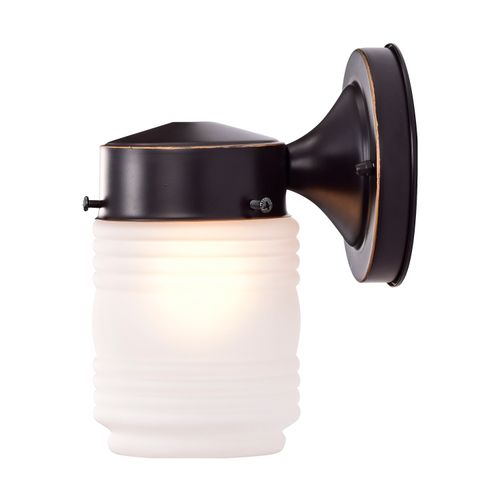 Main product image of 1 Light 6" Porch Wall Mason Jar w/ Frosted Glass Mahogany Bronze Finish Color retail packaging
