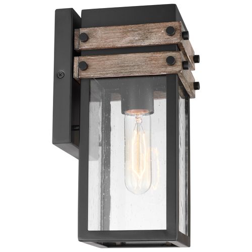 Main product image of Homestead 1 Light Small Wall Lantern Matte Black & Wood Finish w/ Clear Seeded Glass