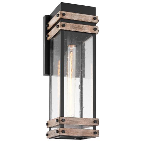 Main product image of Homestead 1 Light Large Wall Lantern Matte Black & Wood Finish w/ Clear Seeded Glass
