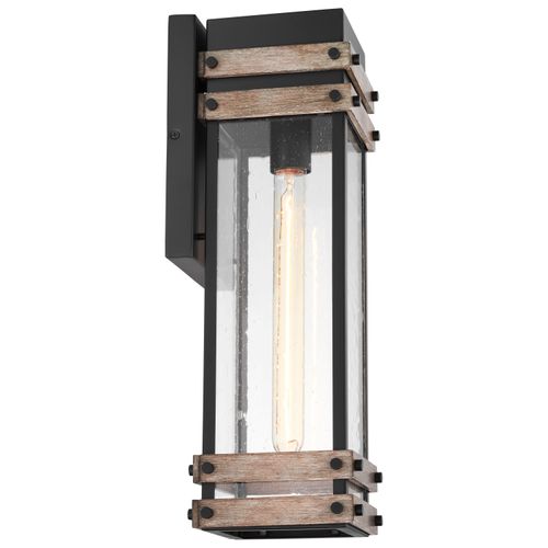 Main product image of Homestead 1 Light Large Wall Lantern Matte Black & Wood Finish w/ Clear Seeded Glass