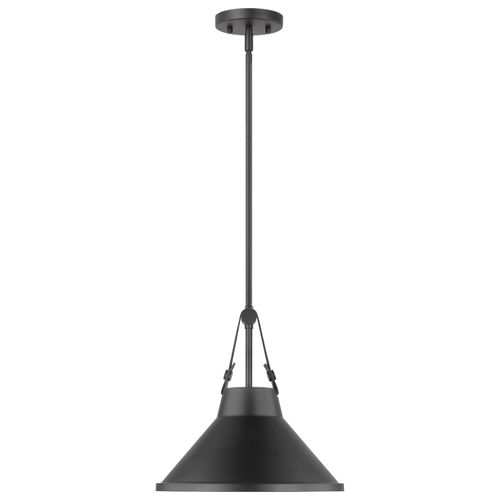 Main product image of Zelda 1 Light Pendant Medium Base 60 Watt Black Finish Black Metal Shade Faux Leather Straps