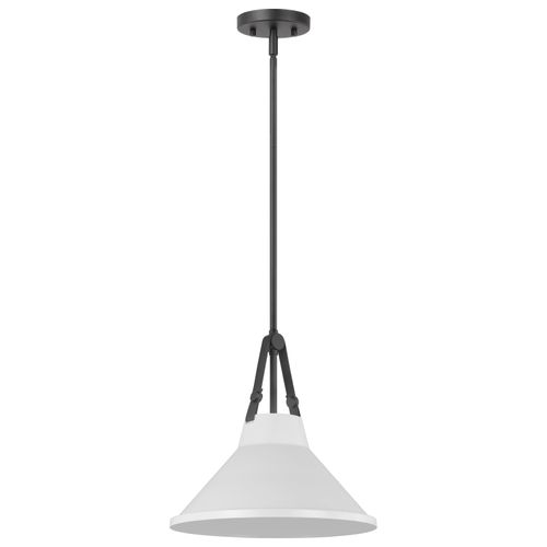 Main product image of Zelda 1 Light Pendant Medium Base 60 Watt Black Finish White Metal Shade Faux Leather Straps