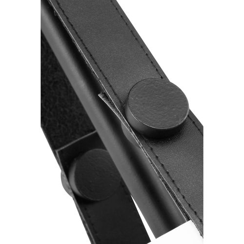 Main product image of Zelda 1 Light Pendant Medium Base 60 Watt Black Finish White Metal Shade Faux Leather Straps