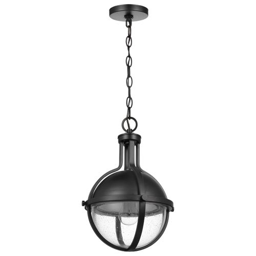 Main product image of Lincoln 1 Light Medium Pendant Medium Base 60 Watt Matte Black Finish Clear Seeded Glass