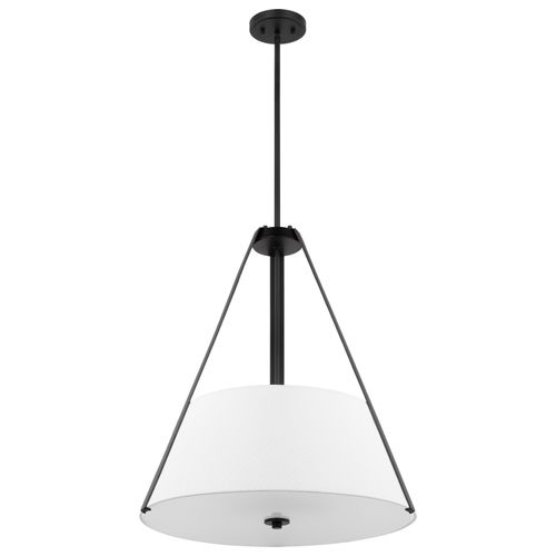Main product image of Brewster 3 Light Pendant Black Finish Faux Leather Wrapped Straps White Textile Shade