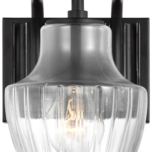 Main product image of Destin 1 Light Vanity Medium Base 60 Watt Black And Silver Finish Clear Ribbed Glass