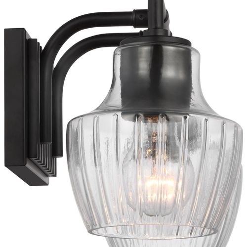 Main product image of Destin 2 Light Vanity Medium Base 60 Watt Black And Silver Accent Finish Clear Ribbed Glass