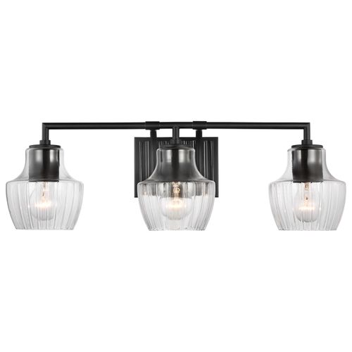 Main product image of Destin 3 Light Vanity Medium Base 60 Watt Black And Silver Accent Finish Clear Ribbed Glass