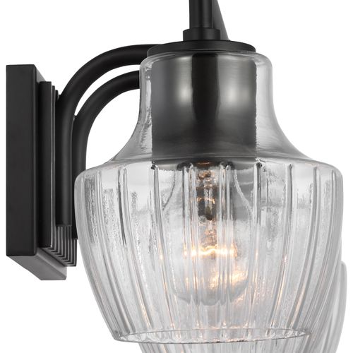 Main product image of Destin 3 Light Vanity Medium Base 60 Watt Black And Silver Accent Finish Clear Ribbed Glass