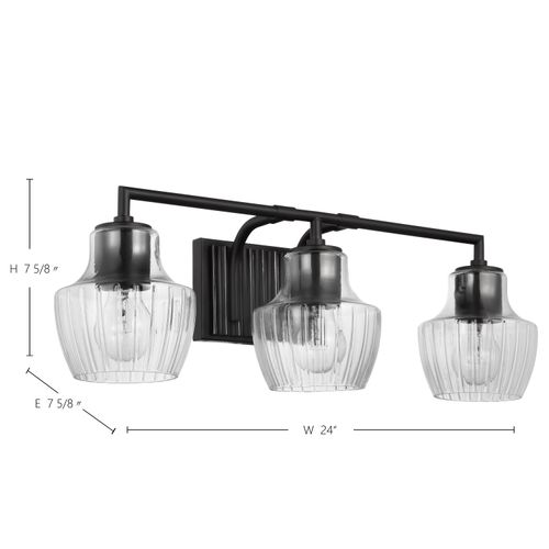 Main product image of Destin 3 Light Vanity Medium Base 60 Watt Black And Silver Accent Finish Clear Ribbed Glass