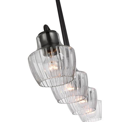 Main product image of Destin 4 Light Island Pendant Medium Base 60 Watt Black And Silver Accent Finish Clear Ribbed Glass