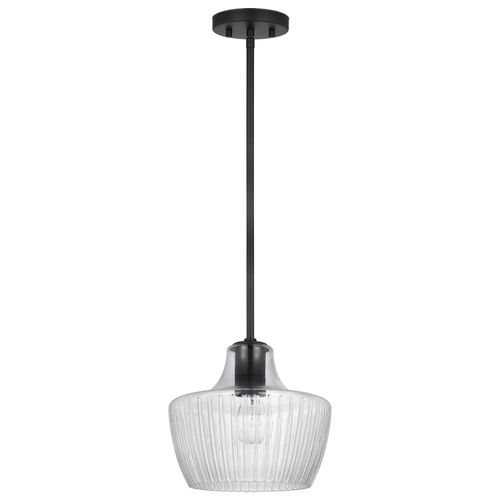 Main product image of Destin 1 Light Mini Pendant Medium Base 60 Watt Black And Silver Accent Finish Clear Ribbed Glass
