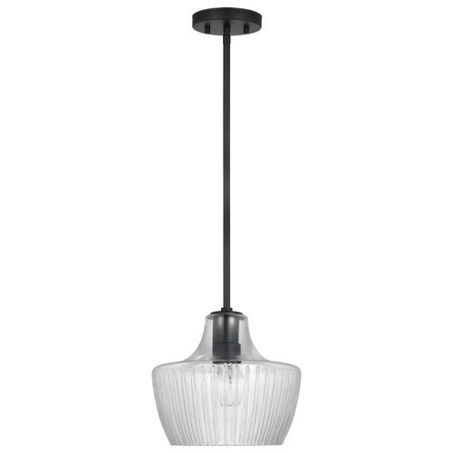 Main product image of Destin 1 Light Mini Pendant Medium Base 60 Watt Black And Silver Accent Finish Clear Ribbed Glass