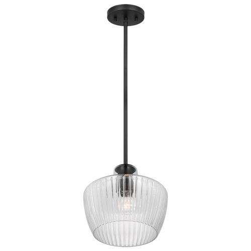 Main product image of Destin 1 Light Mini Pendant Medium Base 60 Watt Black And Silver Accent Finish Clear Ribbed Glass
