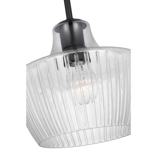 Main product image of Destin 1 Light Mini Pendant Medium Base 60 Watt Black And Silver Accent Finish Clear Ribbed Glass