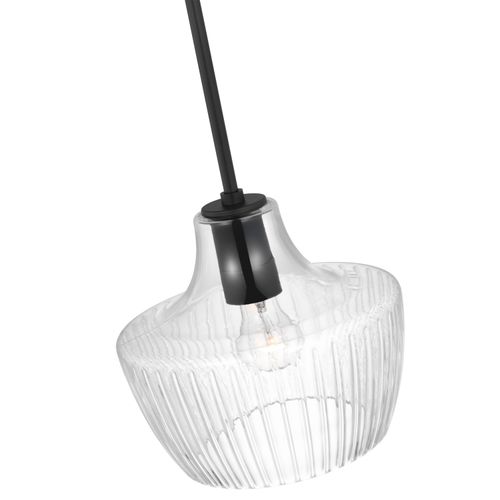 Main product image of Destin 1 Light Mini Pendant Medium Base 60 Watt Black And Silver Accent Finish Clear Ribbed Glass