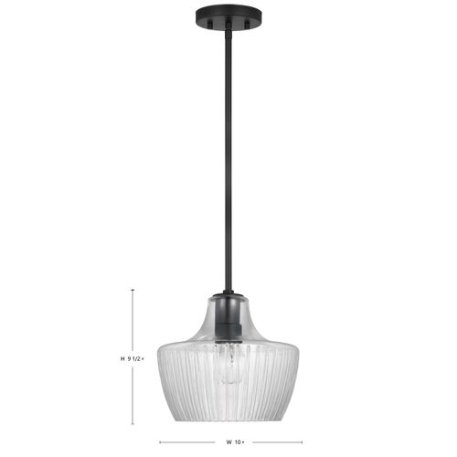 Main product image of Destin 1 Light Mini Pendant Medium Base 60 Watt Black And Silver Accent Finish Clear Ribbed Glass