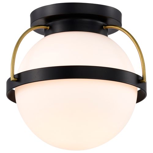 Main product image of Lakeshore 1 Light Small Flush Matte Black & Natural Brass Finish White Opal Glass