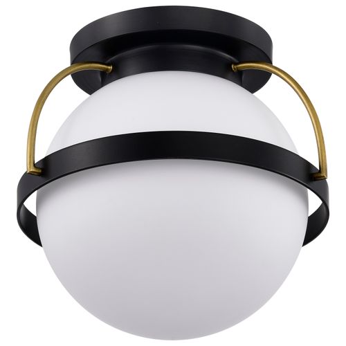 Main product image of Lakeshore 1 Light Small Flush Matte Black & Natural Brass Finish White Opal Glass