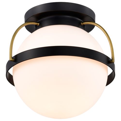 Main product image of Lakeshore 1 Light Small Flush Matte Black & Natural Brass Finish White Opal Glass