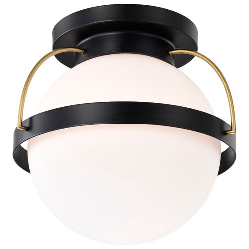 Main product image of Lakeshore 1 Light Medium Flush Matte Black & Natural Brass Finish White Opal Glass