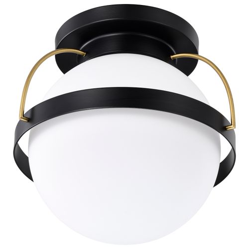 Main product image of Lakeshore 1 Light Medium Flush Matte Black & Natural Brass Finish White Opal Glass