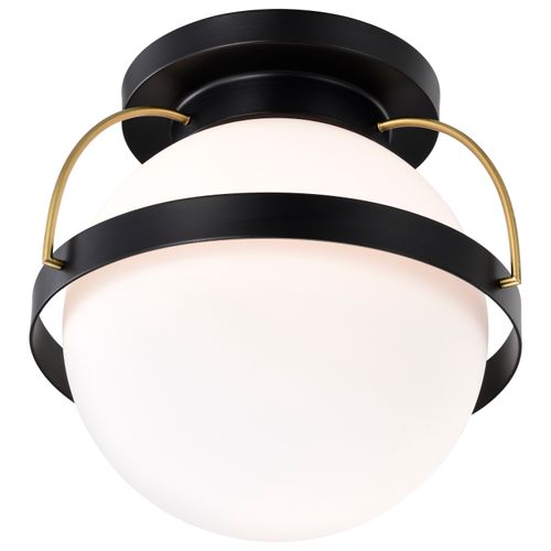 Main product image of Lakeshore 1 Light Medium Flush Matte Black & Natural Brass Finish White Opal Glass