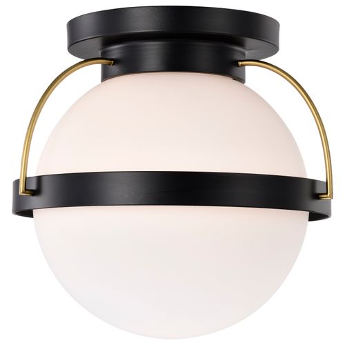 Main product image of Lakeshore 1 Light Medium Flush Matte Black & Natural Brass Finish White Opal Glass