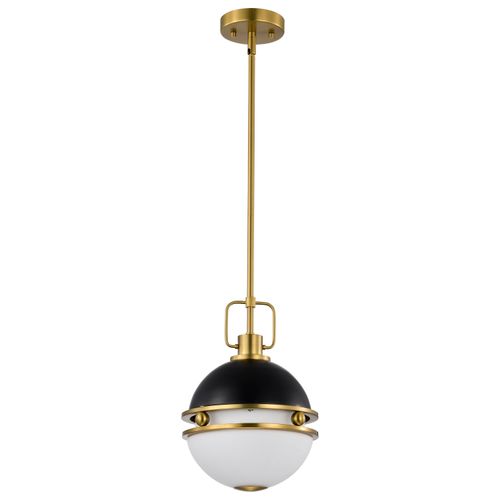 Main product image of Everton 1 Light Pendant 10 Inches Matte Black & Brass Finish Etched Opal Glass