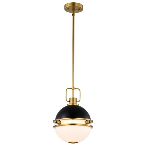 Main product image of Everton 1 Light Pendant 10 Inches Matte Black & Brass Finish Etched Opal Glass